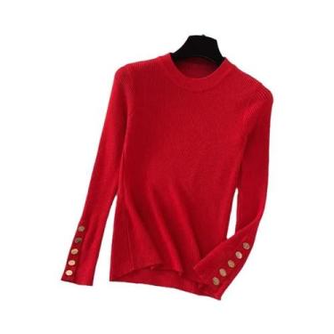 Imagem de Suéter Feminino Cáqui de Malha Grossa - Gola Redonda, Botão, Slim Fit 