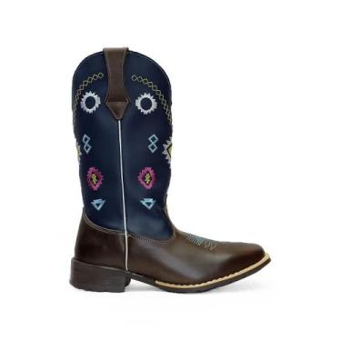 Imagem de Bota Texana Moda Feminina Andaluz Premium Couro Café e Azul - Kapell, 