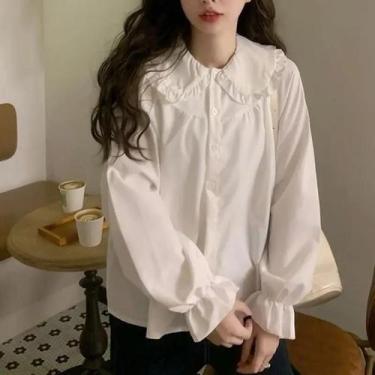 Imagem de Blusa Vintage Feminina Branca Estilo Preppy De Manga Longa Gidyq Elega