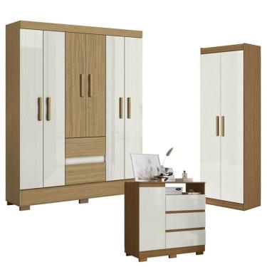Imagem de Guarda Roupa Casal Coimbra 6 Portas 2 Gavetas MDP Atacama Off White com Cômoda e Armário Multiuso