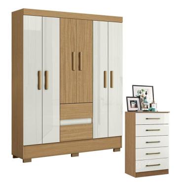 Imagem de Cômoda e Guarda Roupa Casal Coimbra 6 Portas 7 Gavetas MDP Atacama Off White Aramóveis