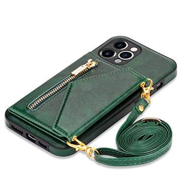 Imagem de Crossbody com zíper para iPhone 13 12 Mini 11 X XR XS Pro Max 7 8 Plus Case com Porta-Cartão Carteira Cordão Capa de Couro, Verde, Para iPhone 13 Pro
