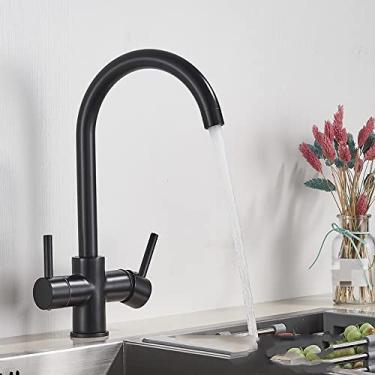 Imagem de Torneira de pia de cozinha preto fosco torneira misturador de filtro de água pura guindaste duas alças de purificação torneira de cozinha quente e fria, preto fosco, china