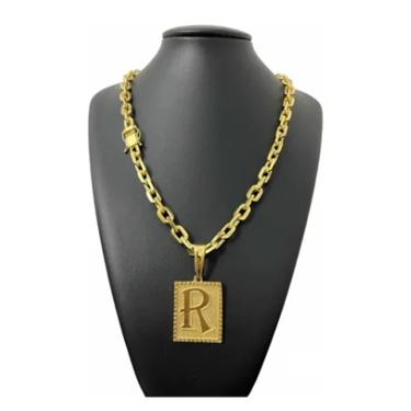 Imagem de Cordão Maciço Cadeado 10mm + Pingente Letra Banhado Ouro 18k