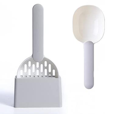 Imagem de SEIS 2 peças de colher de areia para gatos e peneirador de comida, pá profunda de limpeza de lixo com suporte, pá de areia para gatos, copo de medição multifunções com clipe para gatos, filhotes pequenos (cinza)