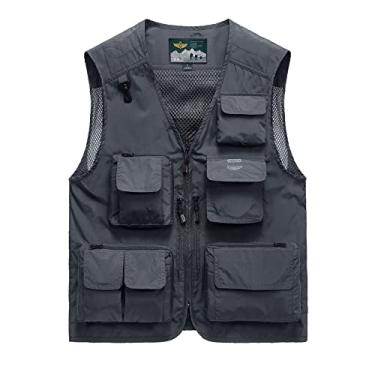 Imagem de Colete de pesca com bolsos fotografia ao ar livre jaqueta malha traseira colete utilitário de trabalho de verão jaqueta versátil, cinza, 2GG