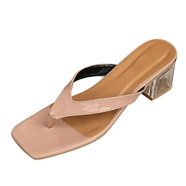 Imagem de Sandálias femininas primavera verão salto grosso bico quadrado cor sólida confortável flip bonito sandálias planas para mulheres, Caqui, 8