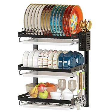 Imagem de Pusdon Escorredor de pratos montado na parede, escorredor de pratos de 3 camadas de aço inoxidável com suporte de talheres, placa de drenagem e ganchos, pratos de cozinha de vegetais e frutas, prateleira de armazenamento, preto
