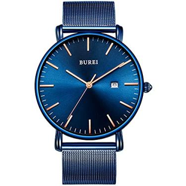 Imagem de BUREI Relógio de pulso masculino moderno, minimalista, totalmente preto, à prova d'água, simples, ultrafino, analógico, quartzo, data com pulseira de malha de aço inoxidável, Azul, Movimento de