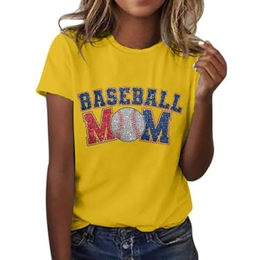 Imagem de Camiseta feminina de beisebol com letras de mãe, gola redonda, manga curta, caimento solto, casual, túnica, camisa de verão, Amarelo - 1, XXG
