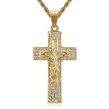 Imagem de Colar de aço inoxidável banhado a ouro 18 K, crucifixo, cruz católica, Senhor de Cristo, colar de aço inoxidável para homens e mulheres, corrente de 61 cm, oração de Jesus, joia de Páscoa cristã
