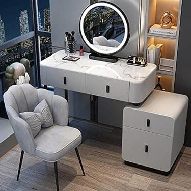 Imagem de Conjunto de penteadeira e banco de maquiagem, penteadeira com espelho de luzes LED, brilho ajustável, penteadeira com gavetas, móveis de quarto, para mulheres e meninas, cinza + preto, 80 cm