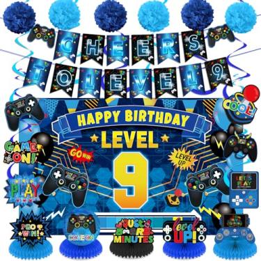 Imagem de Decorações de banner de aniversário de videogame centros de mesa em forma de favo de mel redemoinhos para meninos brinde a aniversário suprimentos de cabine de fotos (azul preto 9º aniversário)