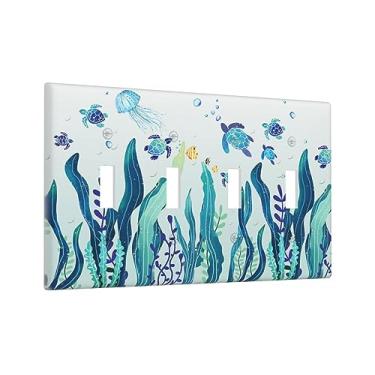 Imagem de Parede de tartarugas marinhas, grama, água-viva, peixe, algas marinhas, bolhas, 4 gangues, interruptor de luz, placa de parede com interruptor quádruplo para decoração de parede de arte de escritório