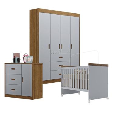 Imagem de Jogo De Quarto Infantil Livia Com Berço Mini Cama Cômoda E Roupeiro Canaã