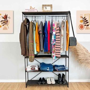 Imagem de Arara Armário Modular Industrial Ample de Ferro e Madeira Tabaco e Pre