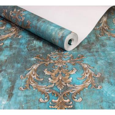 Imagem de Papel De Parede Magnific Arabesco Medalhão Vintage Azul e Dourado Viní