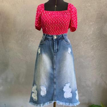 Imagem de Saia Jeans Midi Destroyed Mullet Evasê Moda Evangélica - Ello, 36, Jea