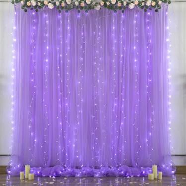 Imagem de Cortinas de fundo roxas com cordão de luzes para festas de aniversário, cortina de tule transparente para chá de panela, chá de bebê, casamento, fotos, fundo, decorações de parede de 25 x 30 cm