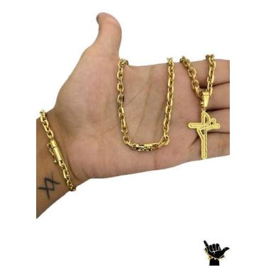 Imagem de Corrente Cadeado 5mm + Pulseira + Pingente - Banhado a Ouro - ToJoia18