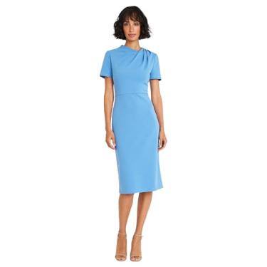 Imagem de Maggy London Vestidos femininos assimétricos chiques com gola redonda e manga curta abaixo do joelho, Chapéu azul, 52