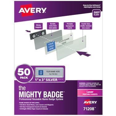 Imagem de The Mighty Badge da Avery, etiquetas prateadas de nome de 2,54 cm x 7,62 cm, 50 crachás de identificação, 120 inserções para impressoras a laser (71208)