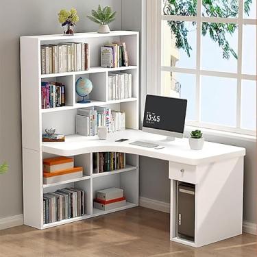 Imagem de Mesa branca moderna em forma de L com cabana - Mesa de canto de madeira para computador com gavetas, prateleiras de armazenamento, mesa de escrita e estudo para escritório em casa, branca, 120 x 45 x