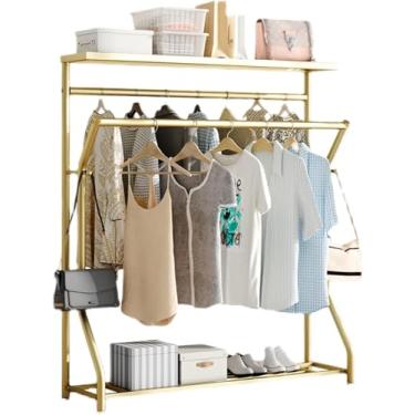 Imagem de Cabideiro de poste duplo dourado para roupas resistentes, rack de roupas para varanda de quarto de casa com ganchos, prateleira inferior superior e tapete antiderrapante, 80 x 40 x 160 cm