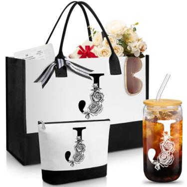 Imagem de Aliceset Presentes iniciais para mulheres, sacola de lona inicial e bolsa de maquiagem personalizada com copos de vidro de 473 ml com tampas e canudos, monograma, pote de bebida, monograma, presentes