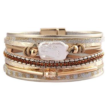 Imagem de AZORA Pulseira feminina de couro barroco pérola envolta pulseiras lindas pulseiras de ouro feitas à mão, joias boêmias, presente para mulheres adolescentes e mães, 7.5 inches, Couro, arenito