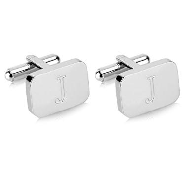 Imagem de Abotoaduras masculinas de aço inoxidável gravadas com inicial em ouro branco 18K - Letra personalizada A-Z da Lux & Pair