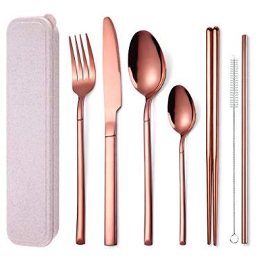 Imagem de Conjunto de talheres de aço inoxidável AARainbow com 8 peças portátil e reutilizável, conjunto de utensílios de viagem, incluindo pauzinhos faca garfo, colher e canudos, pode ser lavado na lava-louças (ouro rosa)