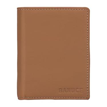 Imagem de Carteira feminina Banuce de couro de grão superior com três dobras pequena e fina para porta-cartões com janela para documento de identificação, Light Brown, One Size