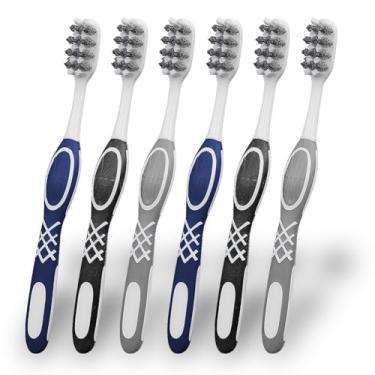 Imagem de Escovas de dentes médias de rúgbi de cerdas espirais para homens, adultos, cerdas duras, médias, escovas de dentes extra limpas com cabo ergonômico, pacote com 6