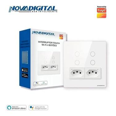 Imagem de Interruptor 4 Botões 4x4 Branco com Tomada Touch Wi-fi Tuya - Novadigi