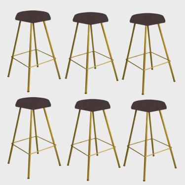 Imagem de Kit 06 Banqueta Alta Lari Eiffel Hexágono Bancada Bar Balcão Bistrô Ferro Dourado Tecido Sintético Marrom - Ahz Móveis