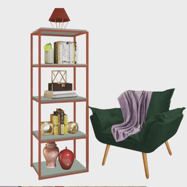 Imagem de Kit Poltrona Fatte com Manta Soft Lilás e Estante Livreiro Ferro Bronze mdf Verde Oliva Suede Verde Musgo - Ahazzo Móveis