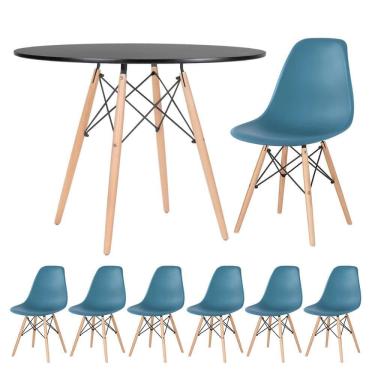 Imagem de Mesa Redonda Eames 100cm Preto + 6 Cadeiras Turquesa