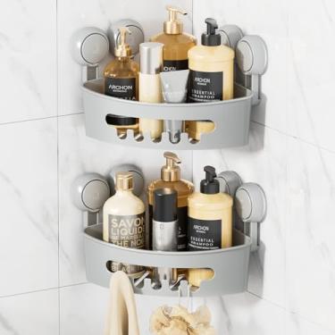 Imagem de LEVERLOC Suporte de chuveiro de canto, ventosa para prateleiras de chuveiro, 2 cestos potentes, organizadores à prova d'água e à prova de óleo para cozinha, removível sem perfuração (cinza)