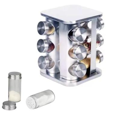 Imagem de Porta Temperos Giratório com 12 Potes de Vidro, Base Rotativa, Organizador para Cozinha