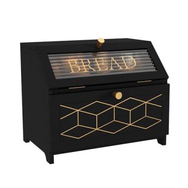 Imagem de HOLTICO Caixa De Pão Camada Dupla Com Acabamento Dourado Para Bancada, Recipiente Madeira Balcão Cozinha, Armazenamento Canto (Preto 1)