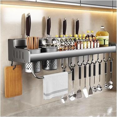 Imagem de Rack de especiarias montado na parede sem instalação de perfuração Organizador da prateleira de cozinha com ganchos móveis portador de utensílios de utensílios e suporte de faca 80cm 3 xícar