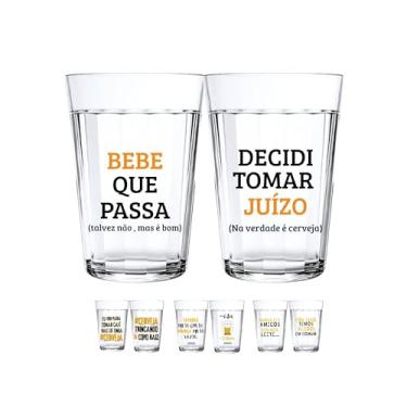 Imagem de Jogo 2 Copos Americanos Vidro Personalizado Cerveja Frases Divertidas Engraçadas Arte Fixa 190ml Presente Criativo Logo Resistente (Bebe que passa)