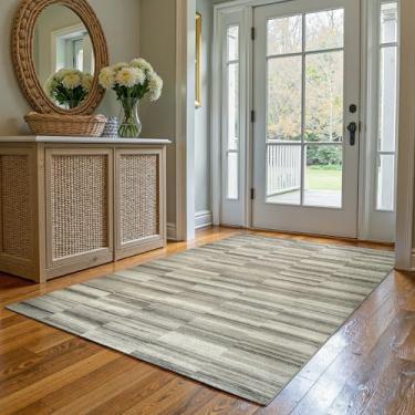 Imagem de jinchan Tapetes geométricos 12 x 18 cm, casual, lavável, antiderrapante, ultrafino, leve, abstrato, moderno, listrado, para sala de estar, quarto, sala de jogos, escritório, cinza-acastanhado