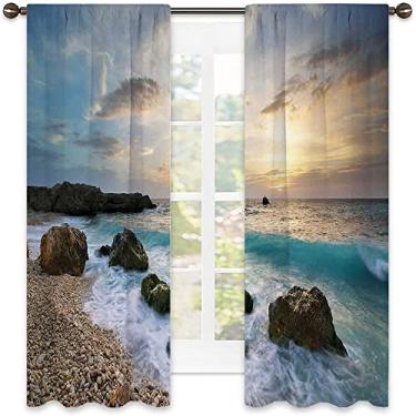 Imagem de Cortinas blackout para quarto oceano, composição de paisagem marítima da natureza, rochas, ondas, céu nublado, sol nascente, praia, foto, cortinas blackout com absorção de som para sala de