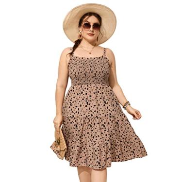 Imagem de ShopWonder Vestidos de verão plus size, sem mangas, gola quadrada, franzido, plissado, evasê, maxi vestido, Oncinha cáqui, 4G