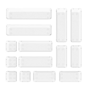 Imagem de 14 divisórias de gaveta transparentes de acrílico modulares e caixas de armazenamento - 4 bandejas organizadoras de gaveta de plástico transparente para penteadeira, cômoda, banheiro, cozinha