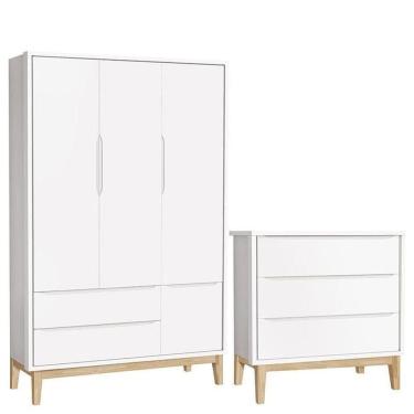 Imagem de Cômoda Gaveteiro E Guarda Roupa Infantil 3 Portas New Classic Branco Com Pés Madeira Natural - Reller