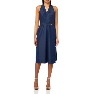 Imagem de Halston Minivestido feminino sem mangas com decote em V e cinto dourado, Azul escuro, 40