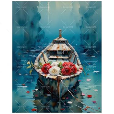 Imagem de TAOPAOLAB Kit de pintura náutica romântica por números para adultos – Barco a remo DIY com rosas sobre pintura aquática em tela 40 × 50 cm, conjunto de tinta acrílica, adequado para iniciantes, arte